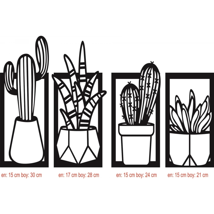 Kaktüs Çerçeve Serisi – Ahşap Duvar Dekoru (4’lü Set)