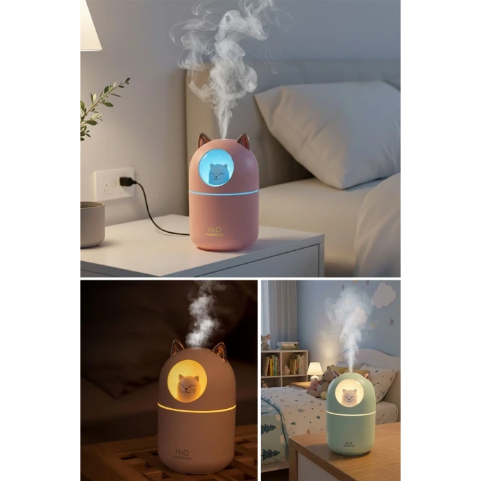 Kedicik Figürlü Hava Nemlendirici – Ultrasonik Soğuk Buhar Makinesi, LED Işıklı Masaüstü Oda Nemlendirici