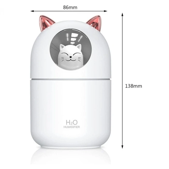 Kedicik Figürlü Hava Nemlendirici – Ultrasonik Soğuk Buhar Makinesi, LED Işıklı Masaüstü Oda Nemlendirici