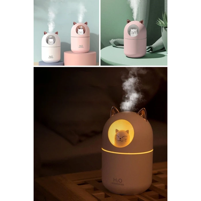 Kedicik Figürlü Hava Nemlendirici – Ultrasonik Soğuk Buhar Makinesi, LED Işıklı Masaüstü Oda Nemlendirici