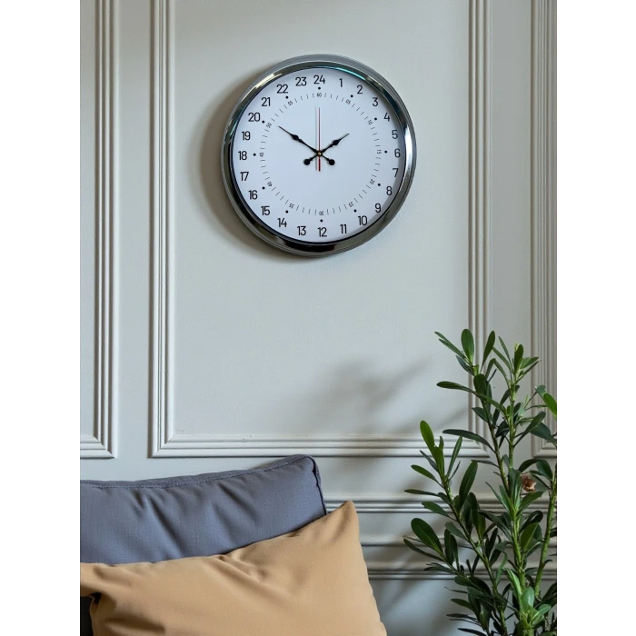 Krom 40 Cm Metal 24 Saat Göstergeli Özel Tasarım Duvar Saati