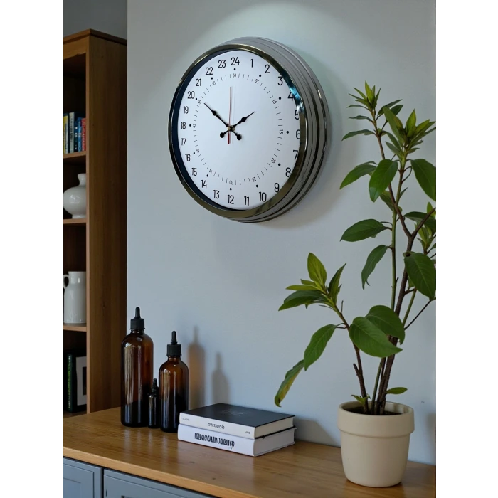 Krom 40 Cm Metal 24 Saat Göstergeli Özel Tasarım Duvar Saati