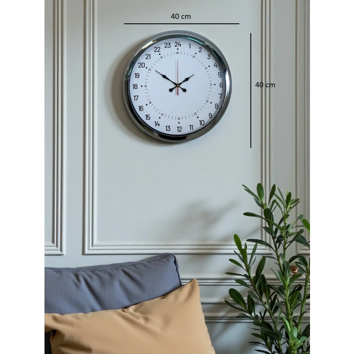 Krom 40 Cm Metal 24 Saat Göstergeli Özel Tasarım Duvar Saati