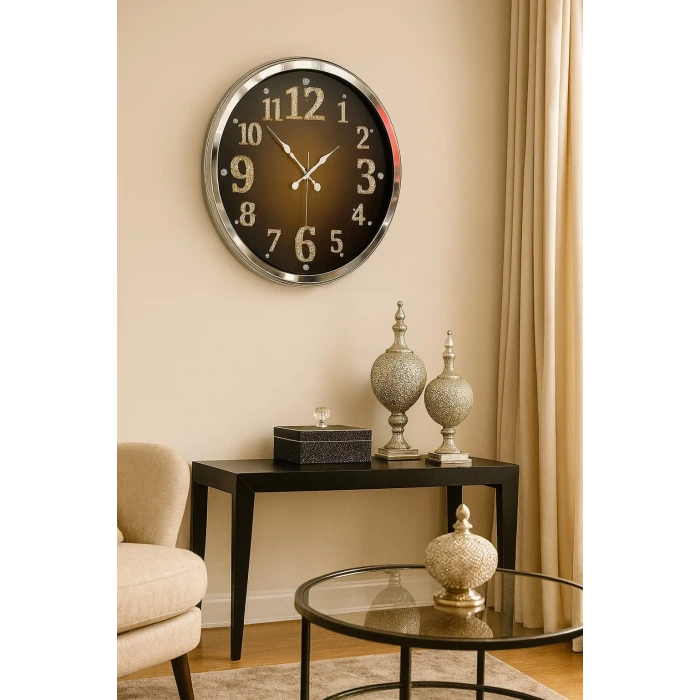 Krom Işıltılı Zaman 52 Cm Metal Duvar Saati
