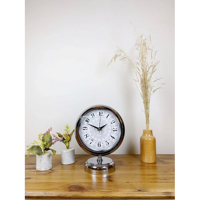 Krom Metal Çini Desen Masa Saati 25×20 cm