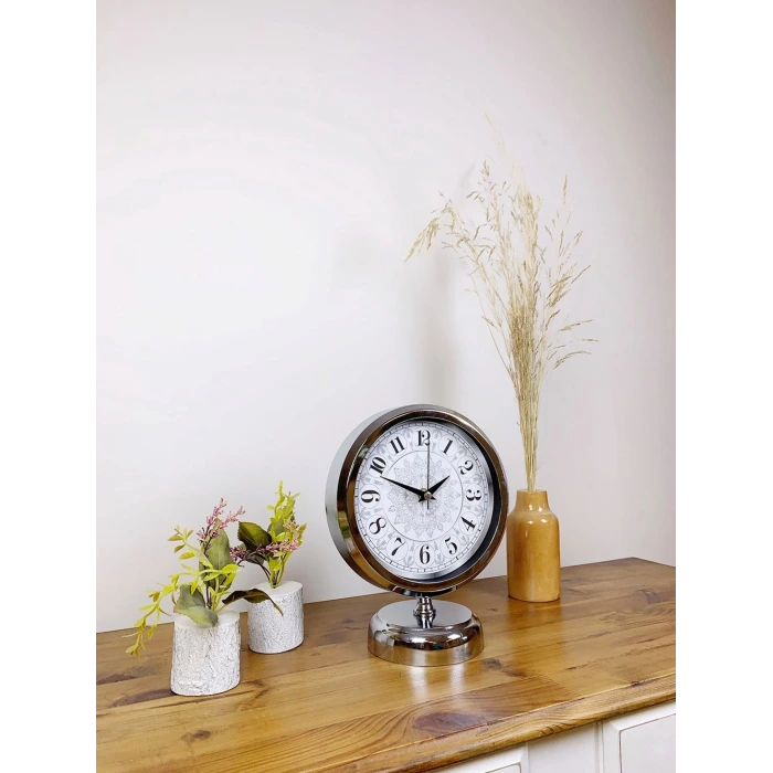 Krom Metal Çini Desen Masa Saati 25×20 cm