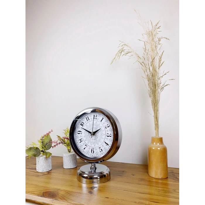 Krom Metal Çini Desen Masa Saati 25×20 cm