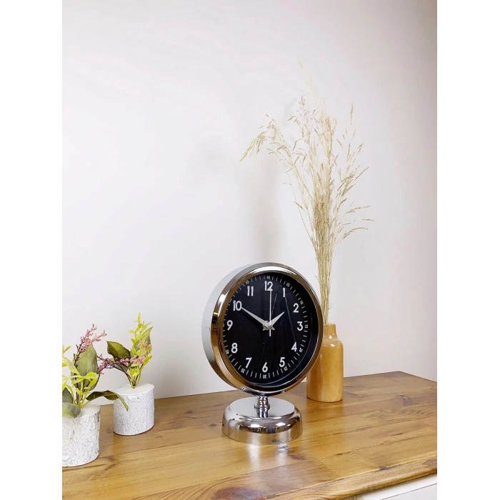 Krom Metal Gece Siyahı Masa Saati 25×20 cm