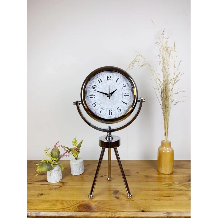 Krom Metal Mini Tripod Çini Desen Masa Saati 45×26 cm