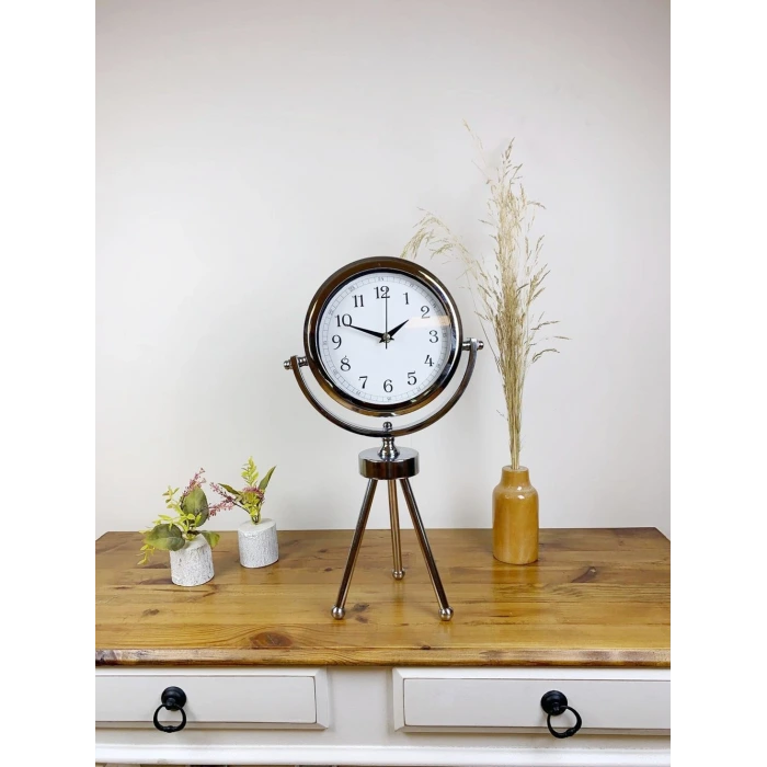 Krom Metal Mini Tripod Dekoratif Masa Saati 45×26 cm