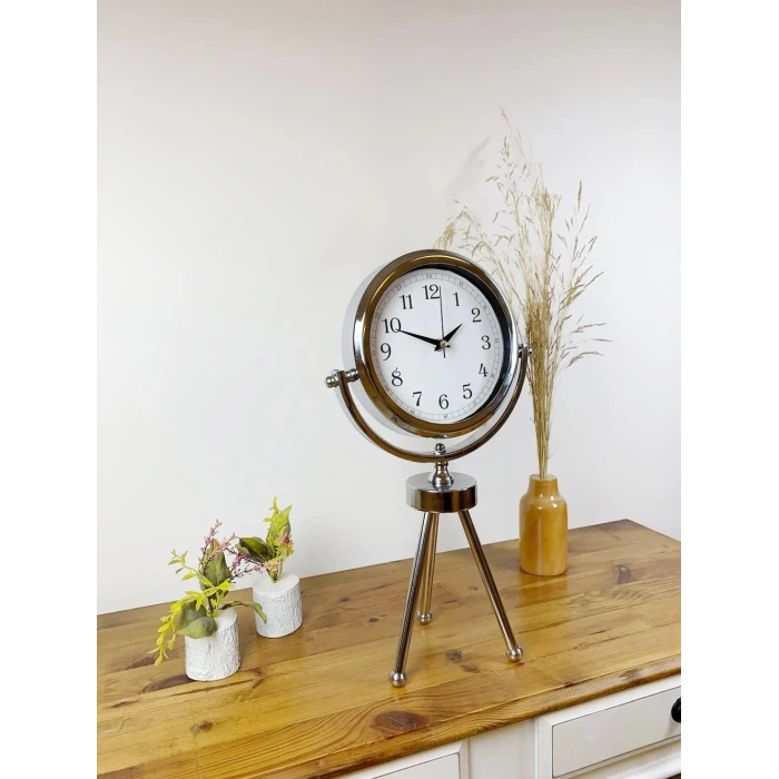 Krom Metal Mini Tripod Dekoratif Masa Saati 45×26 cm