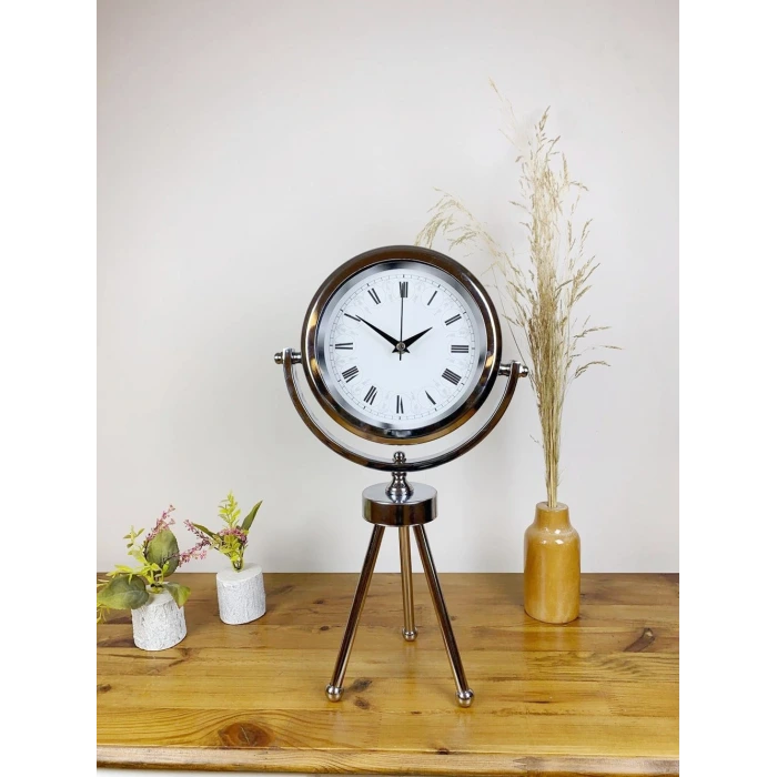Krom Metal Mini Tripod Desenli Roma Rakamlı Masa Saati