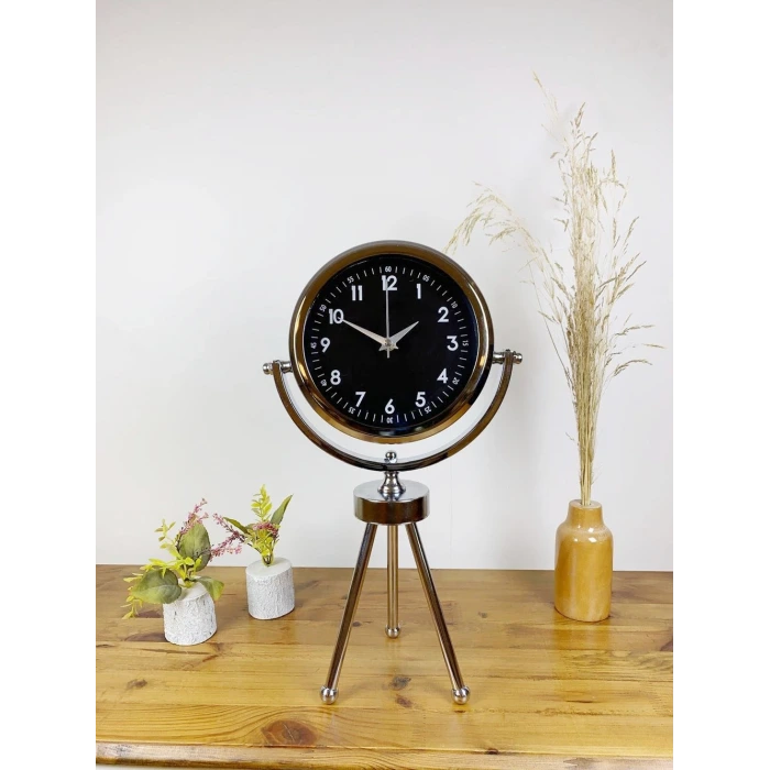 Krom Metal Mini Tripod Gece Siyahı Masa Saati 45×26 cm