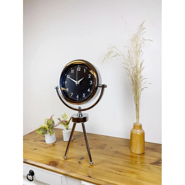 Krom Metal Mini Tripod Gece Siyahı Masa Saati 45×26 cm