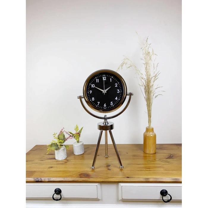 Krom Metal Mini Tripod Gece Siyahı Masa Saati 45×26 cm