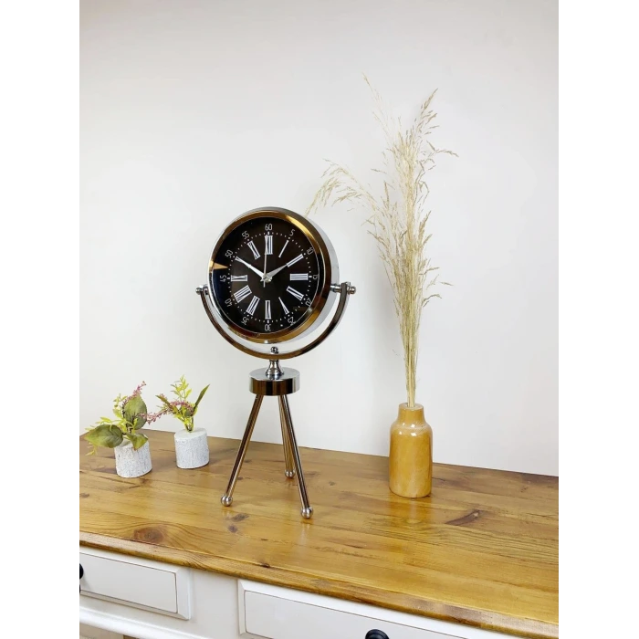 Krom Metal Mini Tripod Roma Rakamlı Masa Saati 45×26 cm