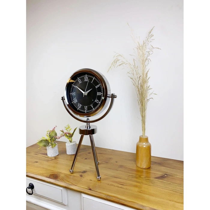 Krom Metal Mini Tripod Siyah Retro Masa Saati 45×26 cm