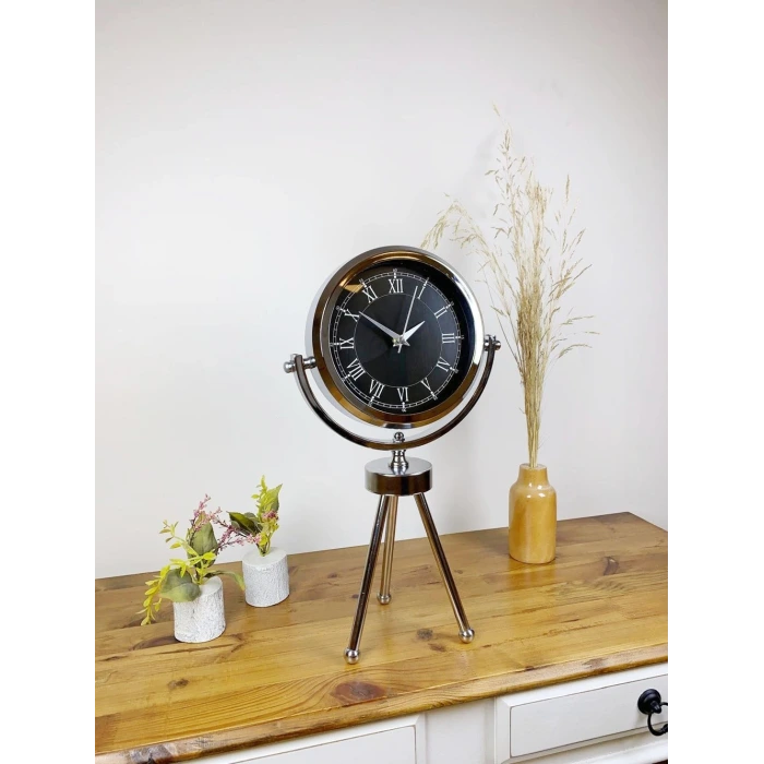 Krom Metal Mini Tripod Siyah Retro Masa Saati 45×26 cm