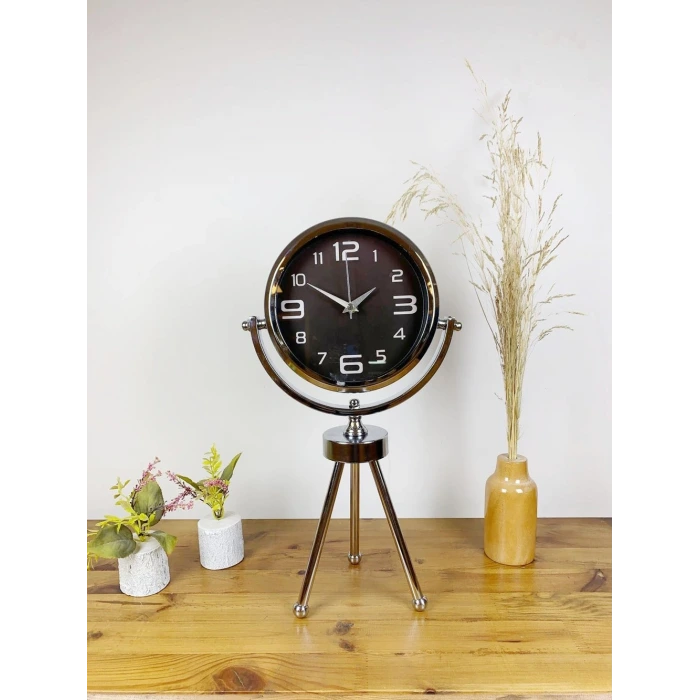 Krom Metal Mini Tripod Tasarım Masa Saati 45×26 cm