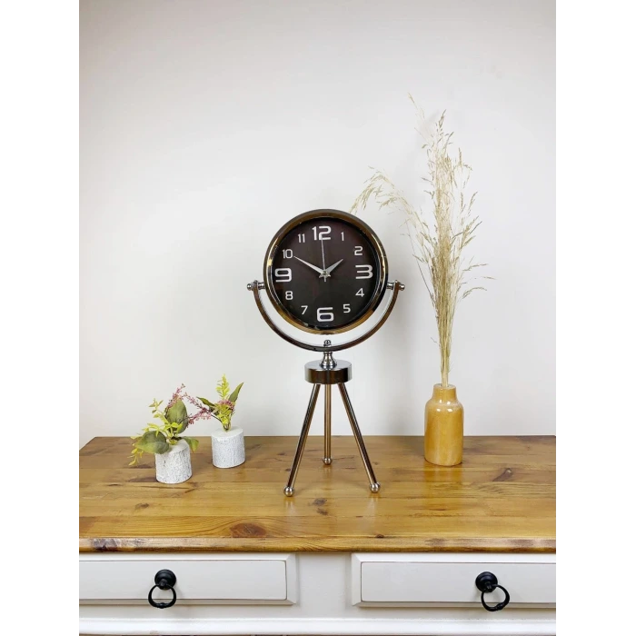 Krom Metal Mini Tripod Tasarım Masa Saati 45×26 cm