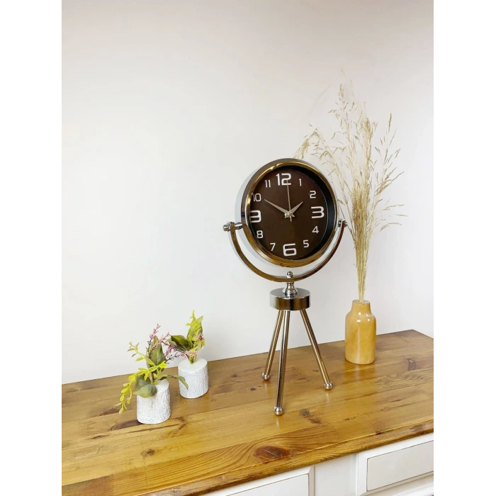 Krom Metal Mini Tripod Tasarım Masa Saati 45×26 cm