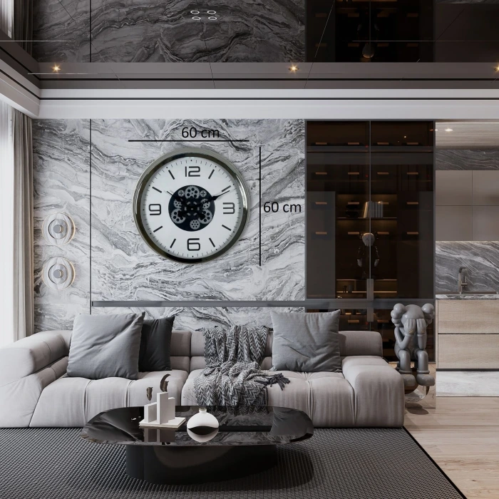 Krom Modern 60 Cm Çarklı Duvar Saati