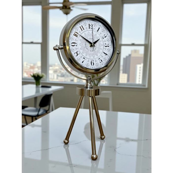 Krom Motif Tasarım Üç Ayaklı Metal Masa Saati
