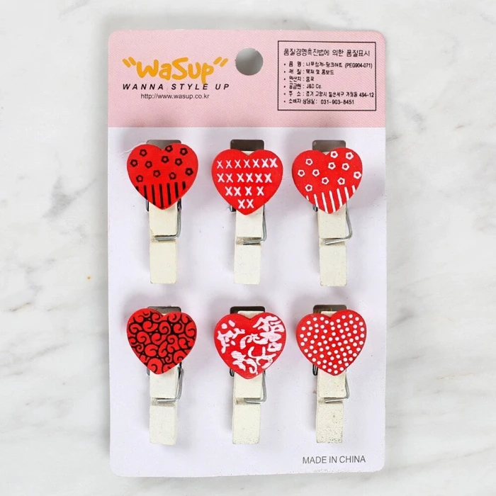 Loren Dekoratif Kırmızı Kalp Desenli Mandal 6lı