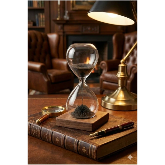 Manyetik Kum Saati Mıknatıslı Ahşap Standlı Dekoratif Masaüstü Hediyelik Süs Eşyası (14 cm)