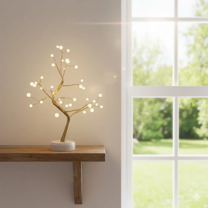 Masaüstü Boncuklu Şarjlı Ağaç Lamba – 3 Kademeli Dokunmatik Işık, Dekoratif LED Masaüstü Ortam Aydınlatması