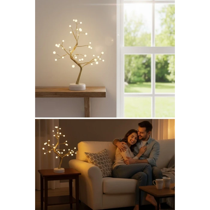 Masaüstü Boncuklu Şarjlı Ağaç Lamba – 3 Kademeli Dokunmatik Işık, Dekoratif LED Masaüstü Ortam Aydınlatması