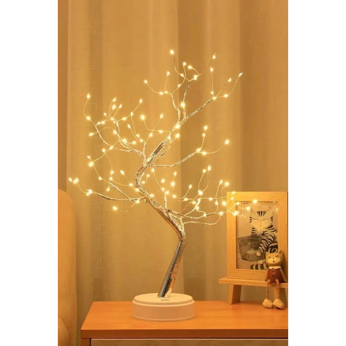Masaüstü Peri Ağaç LED Lamba – Gün Işığı Rengi, 3 Kademeli Işık Ayarlı, Şarjlı Dekoratif Ortam Aydınlatması