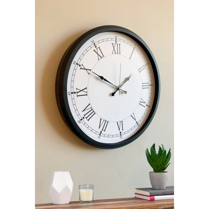 Modern 52 Cm Black & White Roma Rakamlı Metal Duvar Saati