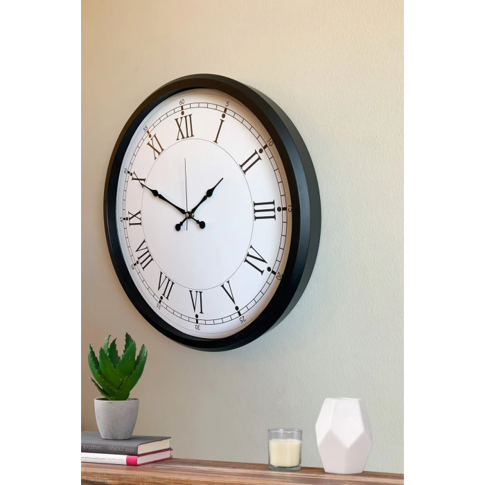 Modern 52 Cm Black & White Roma Rakamlı Metal Duvar Saati