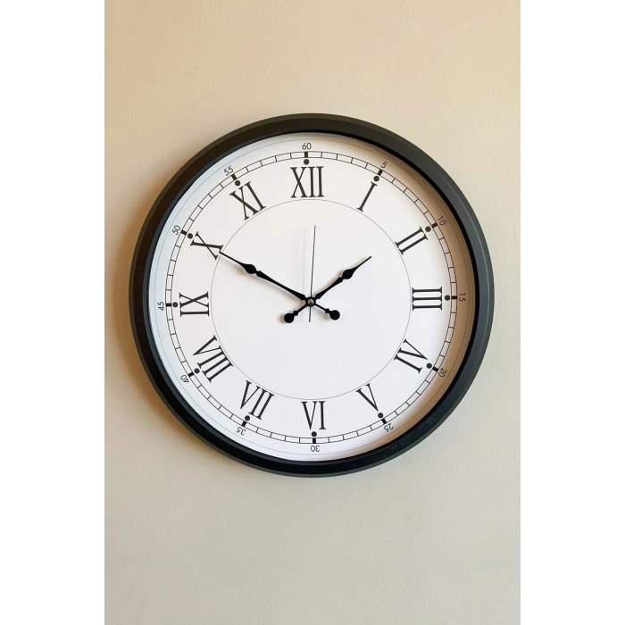 Modern 52 Cm Black & White Roma Rakamlı Metal Duvar Saati