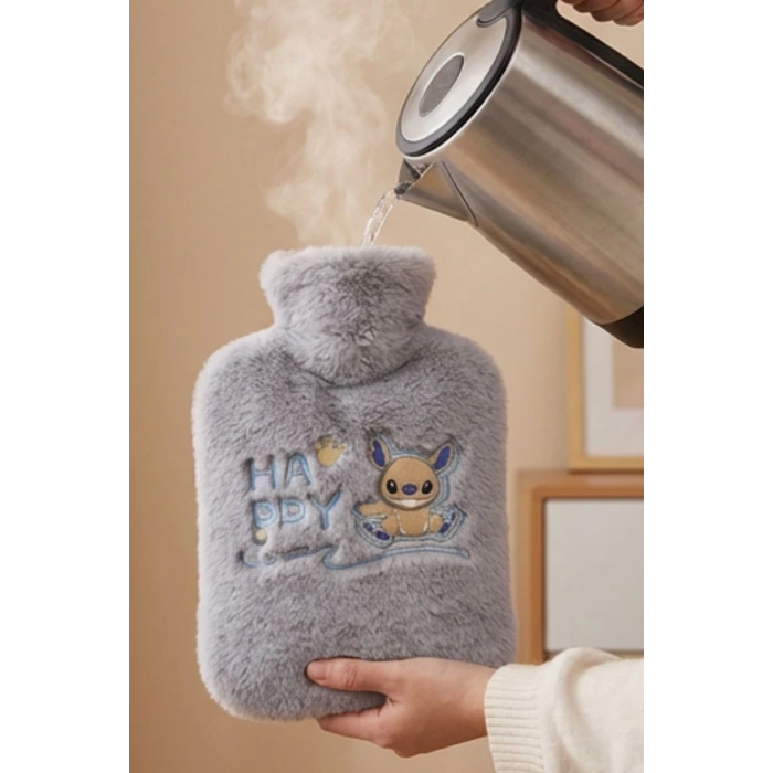 Mutlu Robot Hayvan Figürlü Gri Peluş Sıcak Su Torbası 1 Lt – Yumuşak Kılıf, Uzun Süre Sıcak Tutan Termal Su Torbası
