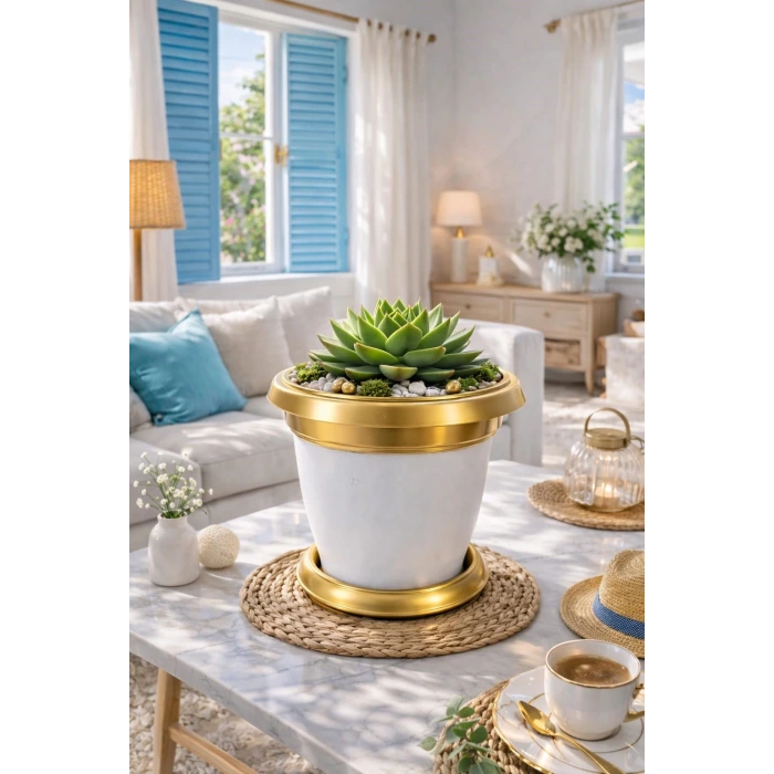 NF Gold Bilezikli 1.7 Litre Dekoratif Plastik Saksı Beyaz