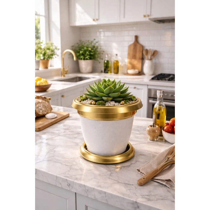 NF Gold Bilezikli 1.7 Litre Dekoratif Plastik Saksı Beyaz