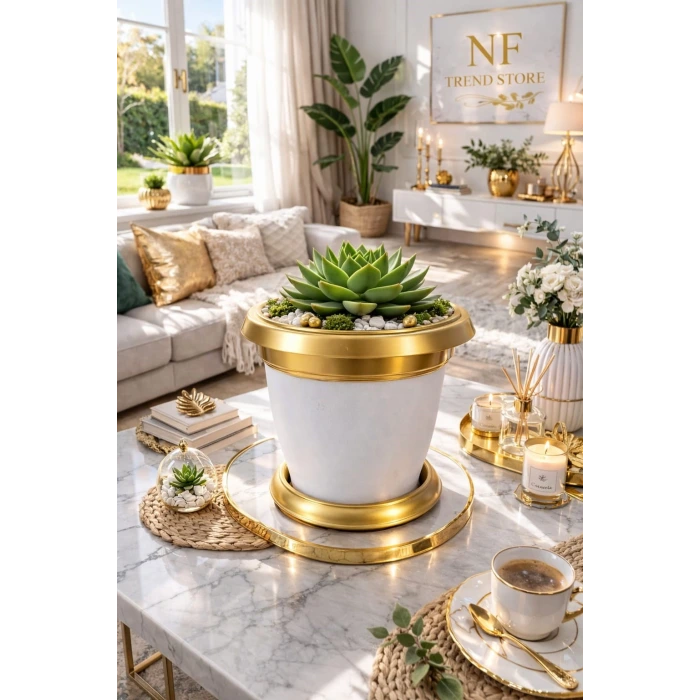 NF Gold Bilezikli 1.7 Litre Dekoratif Plastik Saksı Beyaz