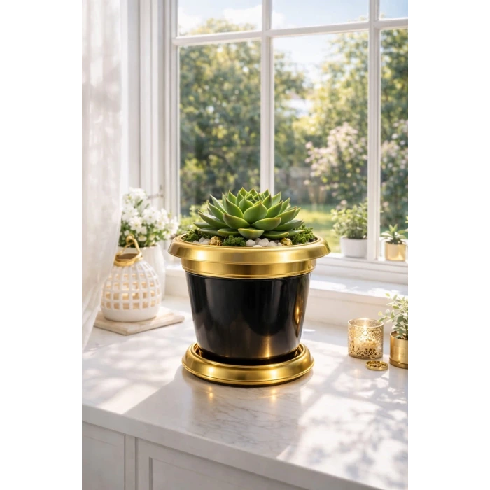 NF Gold Bilezikli 1,7 Litre Dekoratif Plastik saksı Siyah