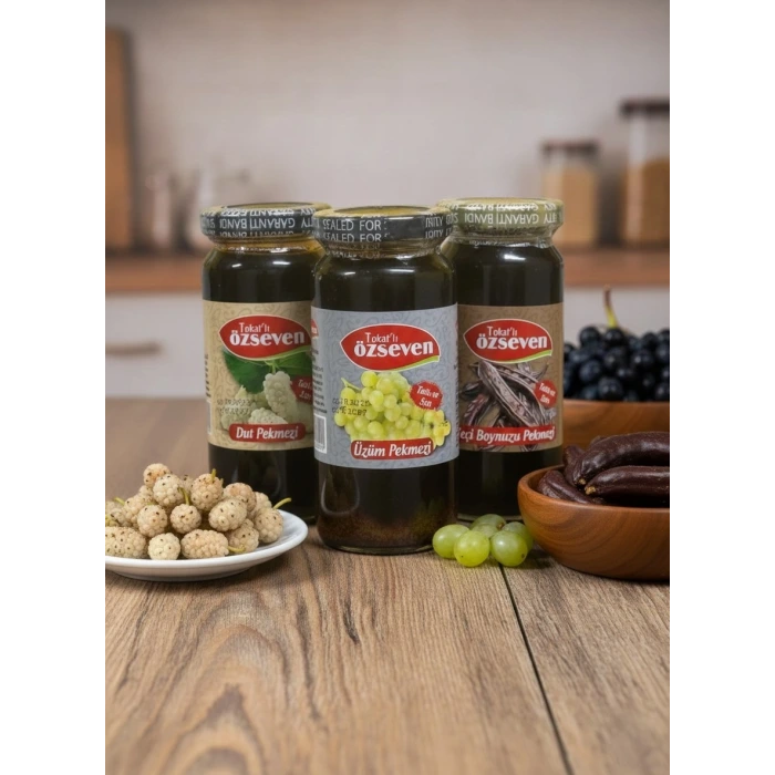 Özseven Geleneksel Pekmezler 3’lü Paket – Üzüm 800gr , Dut 800gr & Keçiboynuzu 800gr (3x800gr)