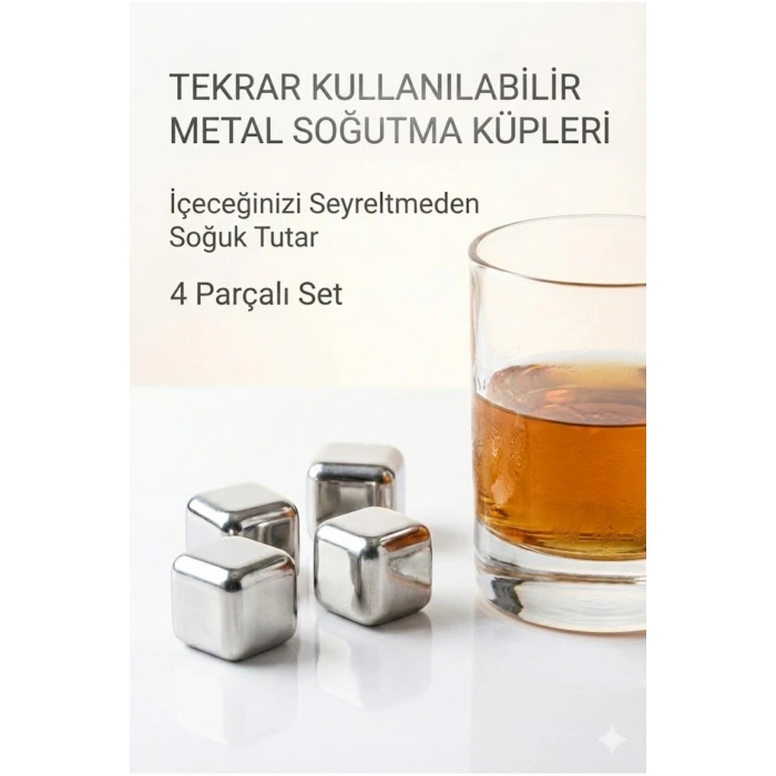 Paslanmaz Çelik Buz Küpü 4’lü Set – İçeceği Sulandırmadan Soğutucu Metal Taş