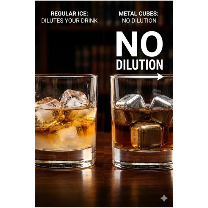 Paslanmaz Çelik Buz Küpü 4’lü Set – İçeceği Sulandırmadan Soğutucu Metal Taş