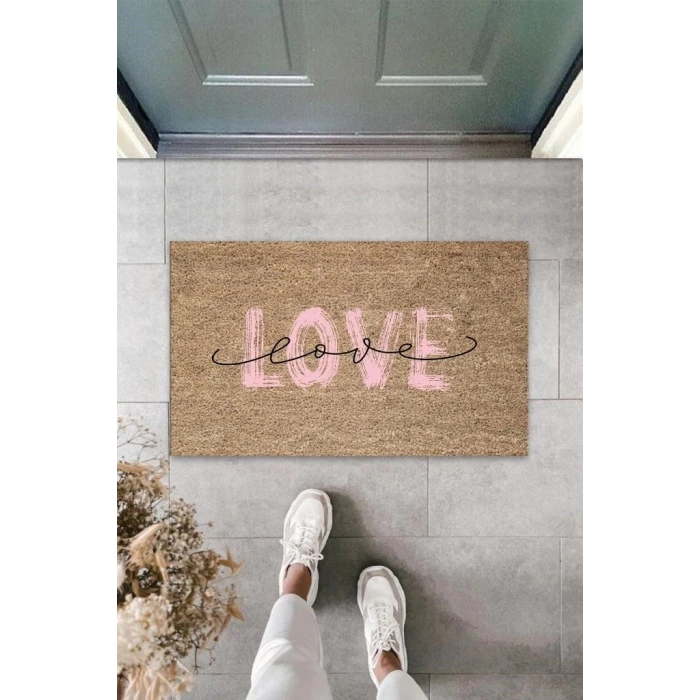 Pembe Kapı Önü Paspası Love Desen  K-3297