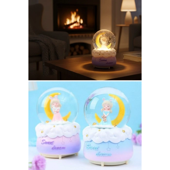 Pilli Işıklı Müzikli Kar Küresi–Hilal Ay Önünde Prenses Figürlü Eğlenceli Masaüstü Biblo, LED Aydınlatmalı Dekoratif Hediyelik Kar Küresi