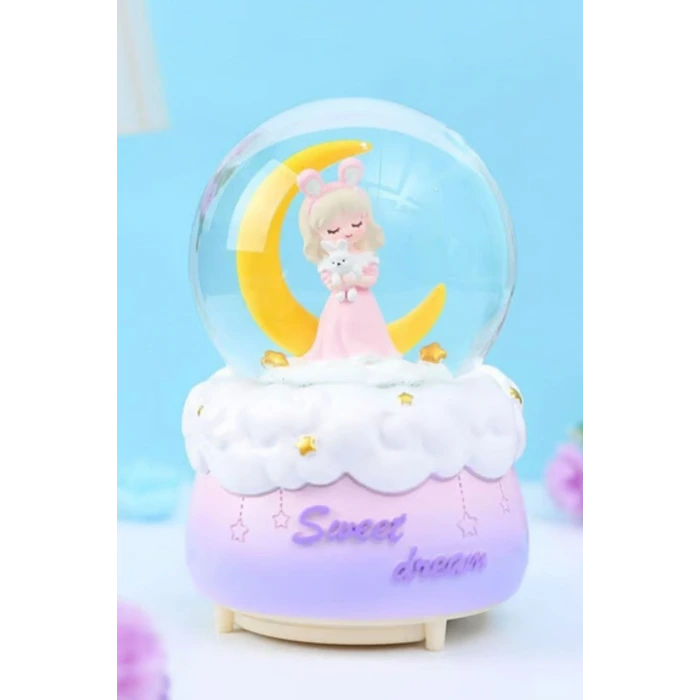 Pilli Işıklı Müzikli Kar Küresi–Hilal Ay Önünde Prenses Figürlü Eğlenceli Masaüstü Biblo, LED Aydınlatmalı Dekoratif Hediyelik Kar Küresi