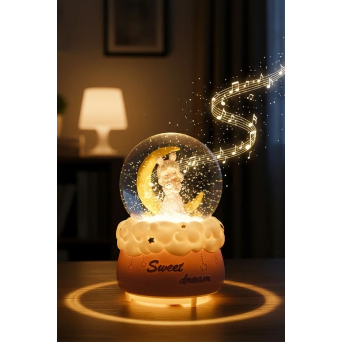 Pilli Işıklı Müzikli Kar Küresi–Hilal Ay Önünde Prenses Figürlü Eğlenceli Masaüstü Biblo, LED Aydınlatmalı Dekoratif Hediyelik Kar Küresi