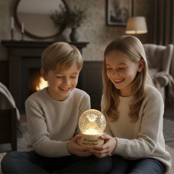 Pilli Işıklı Müzikli Kar Küresi–Sevimli Ayıcık Figürlü Eğlenceli Masaüstü Biblo, LED Aydınlatmalı Dekoratif Hediyelik Kar Küresi