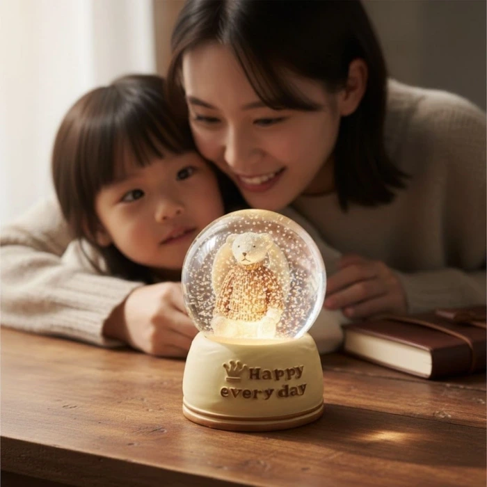 Pilli Işıklı Müzikli Kar Küresi–Sevimli Ayıcık Figürlü Eğlenceli Masaüstü Biblo, LED Aydınlatmalı Dekoratif Hediyelik Kar Küresi