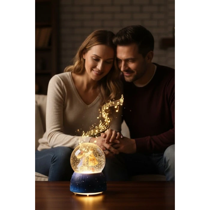 Pilli Işıklı Müzikli Kar Küresi–Valizli Sevgili Çift Figürlü Eğlenceli Masaüstü Biblo, LED Aydınlatmalı Dekoratif Hediyelik Kar Küresi